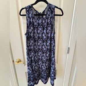 LOFT Size Large Navy and White Floral Sleeveless Shift with Tie Back Dress NWOT